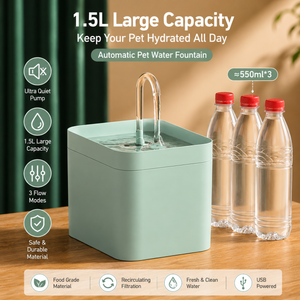 1.5L Automatic Cat Water Fountain showing large water capacity equivalent to three 550ml bottles for continuous pet hydration.