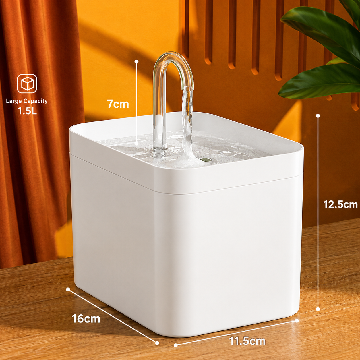 Automatic Cat Water Fountain dimensions showing compact design measuring 16cm x 11.5cm x 12.5cm.