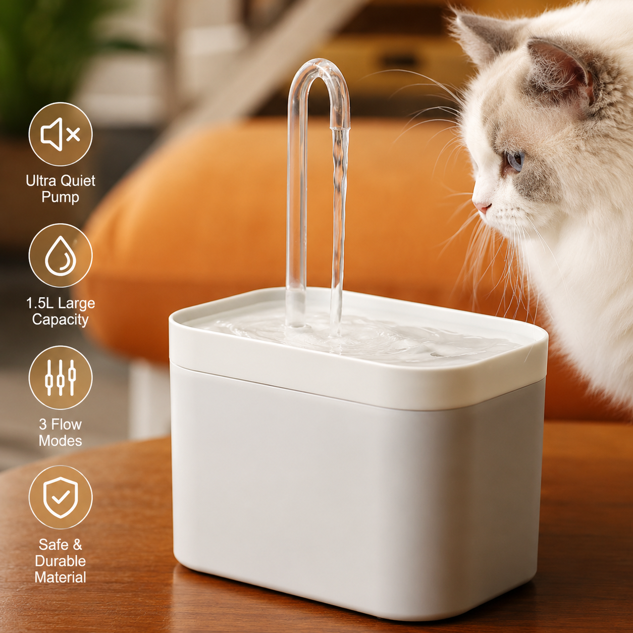 Automatic Cat Water Fountain USB Pet Water Dispenser with flowing water design, 1.5L capacity, quiet operation for cats and small pets.