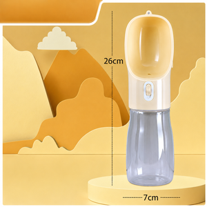Beige pet water bottle with leak proof locking system and compact size.
