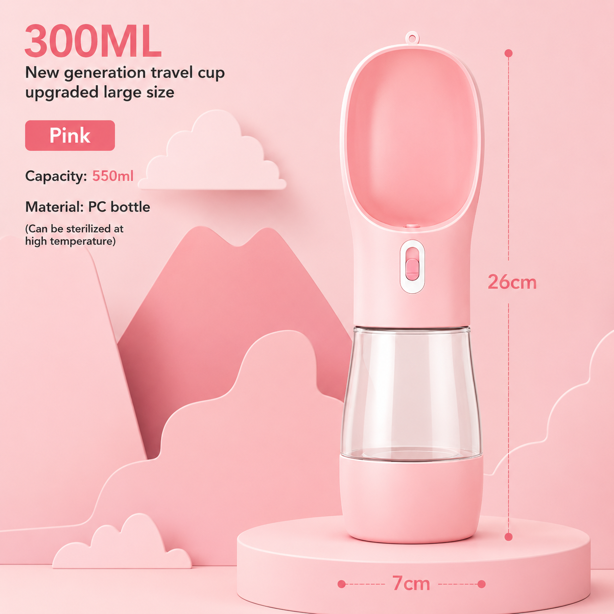 Pink portable pet water bottle with leak proof design and easy operation.