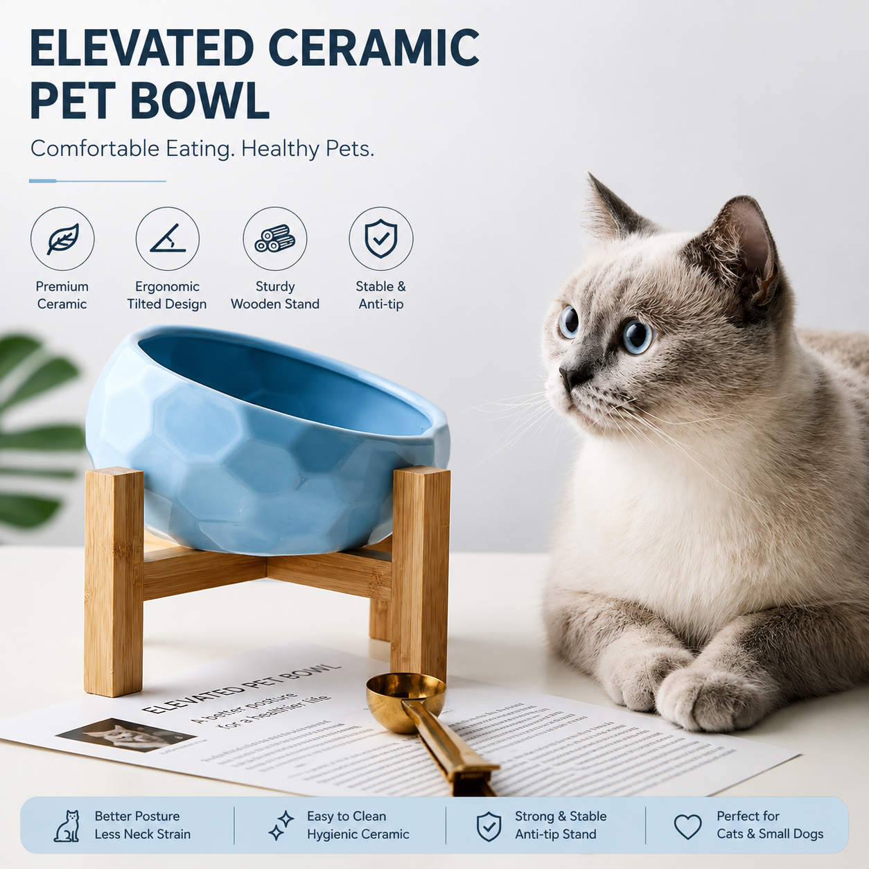 Blue elevated ceramic pet bowl with bamboo stand beside cat for neck friendly feeding