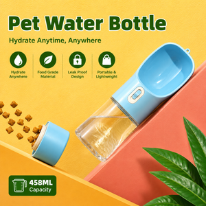 Blue portable dog water bottle with one-button water release for hiking, travel, and daily walks.