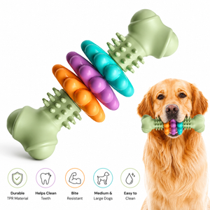 Interactive dog chew toy with colorful rotating rings for teeth cleaning and aggressive chewers.