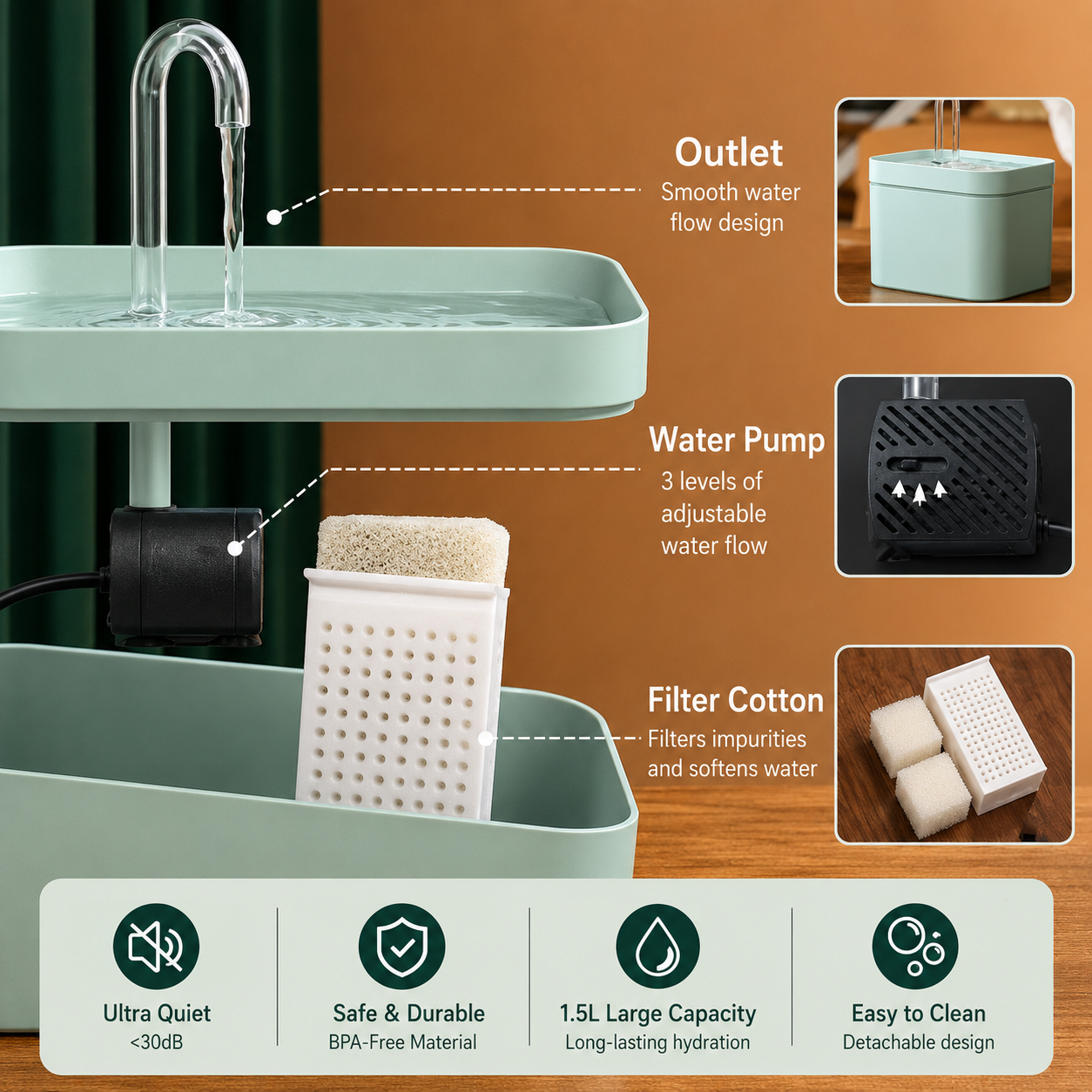 Automatic Cat Water Fountain internal components including water pump, outlet nozzle, and filter cotton purification system.