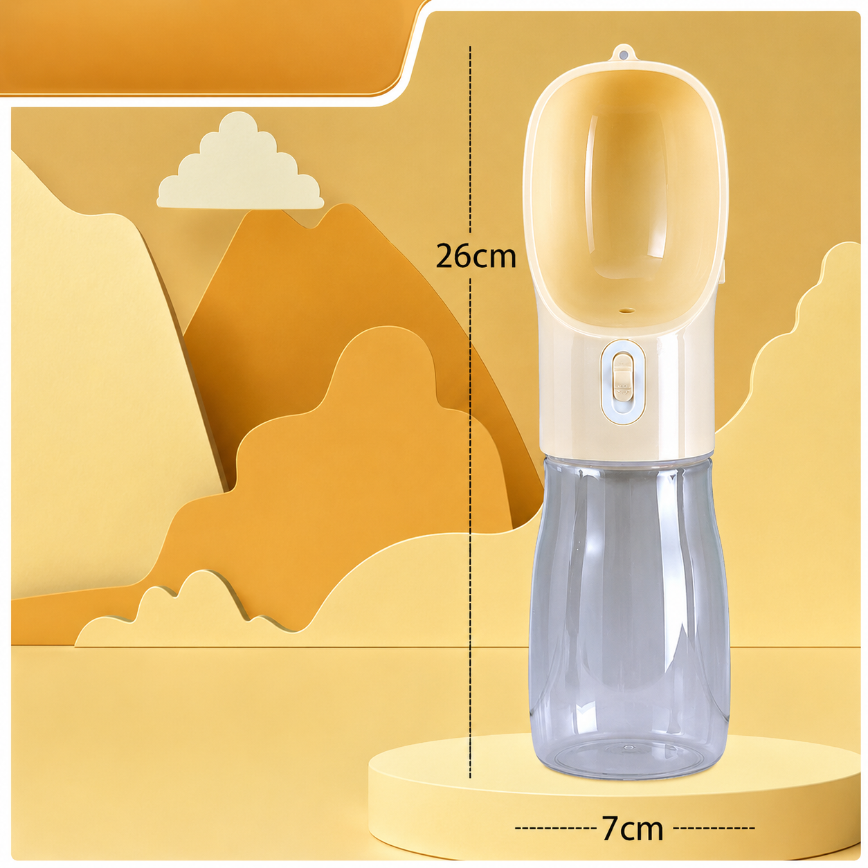 Beige pet water bottle with leak proof locking system and compact size.