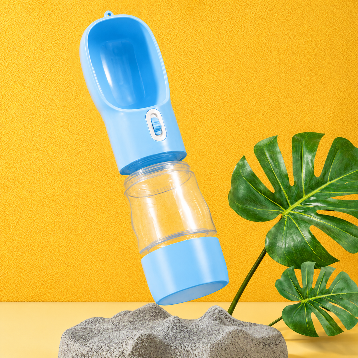 Blue pet water bottle displayed in a lifestyle setting for outdoor travel use.