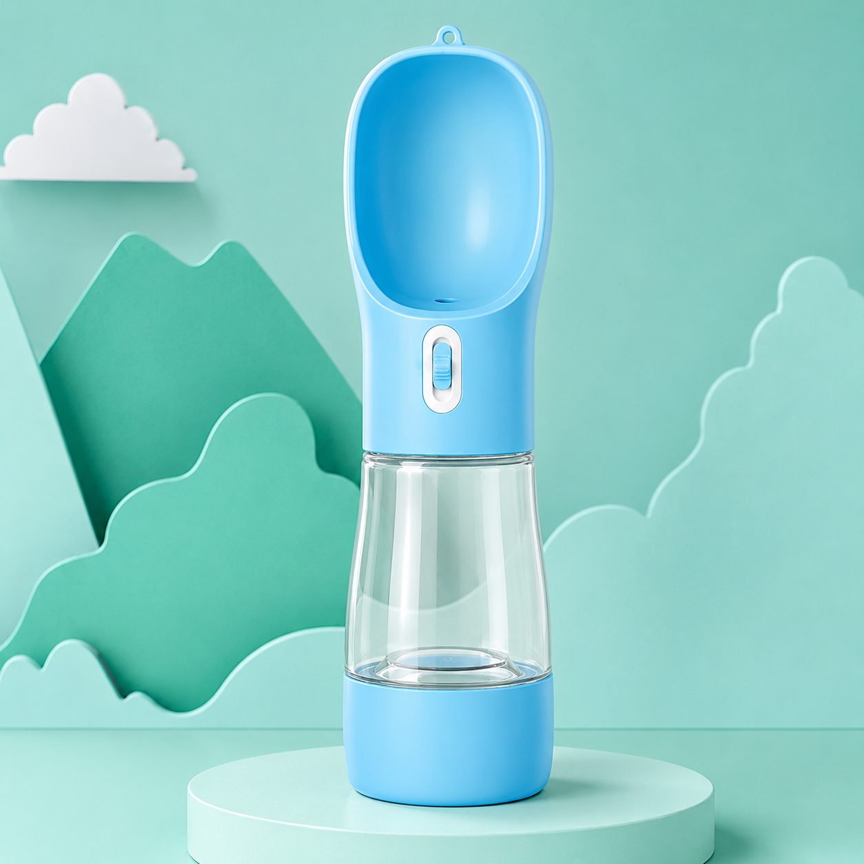 Blue pet water bottle with compact design suitable for travel and walking.