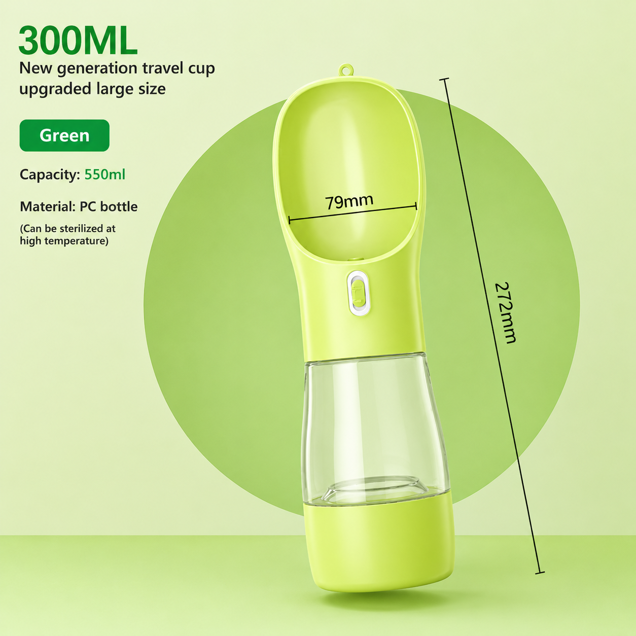 Travel pet water bottle in green color for convenient hydration on the go.