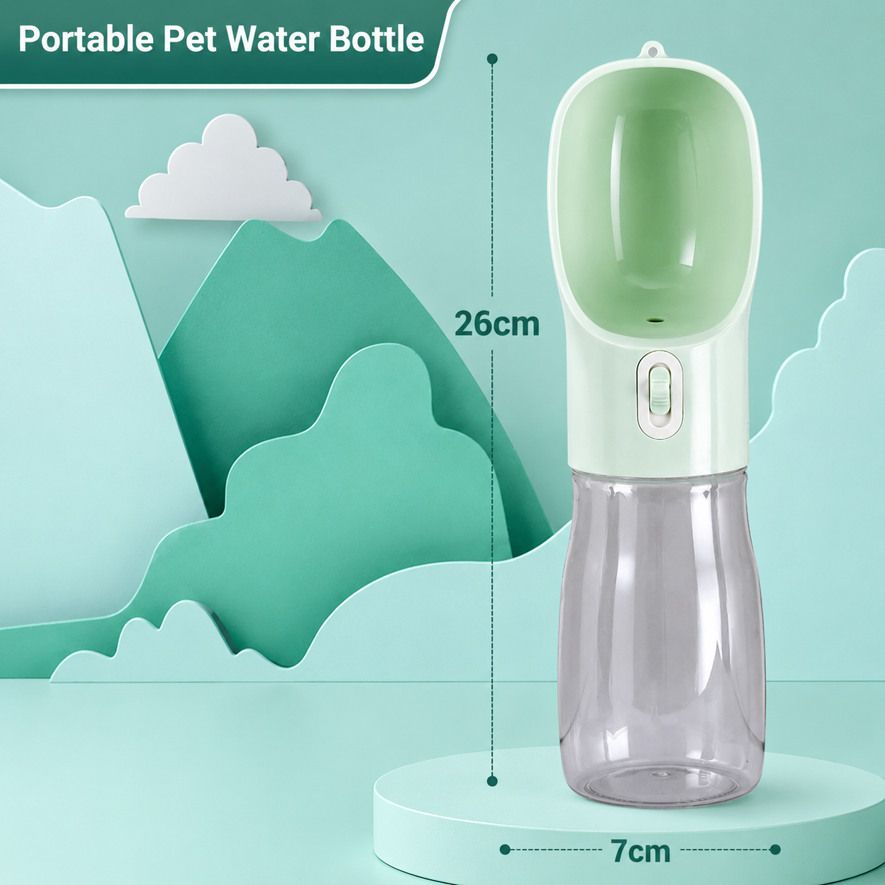 Mint green portable pet water bottle designed for outdoor pet hydration.