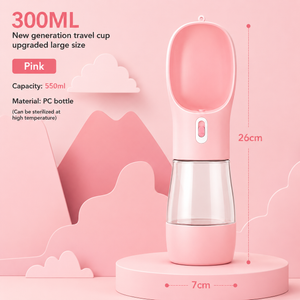 Pink portable pet water bottle with leak proof design and easy operation.