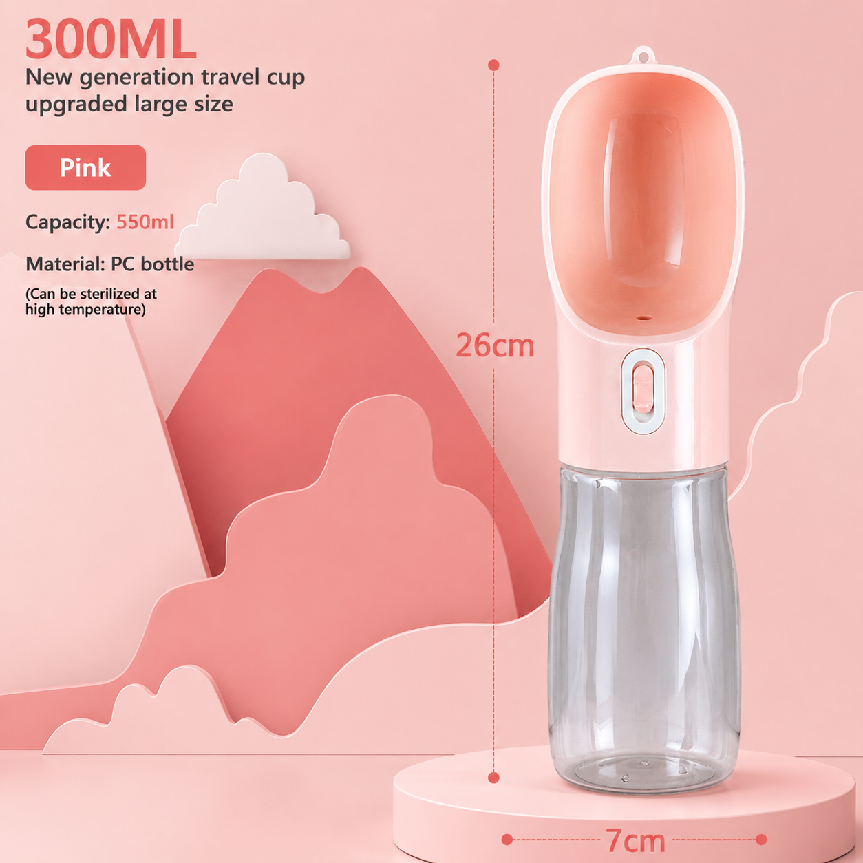 Pink portable pet water bottle with easy carry design for pet owners.