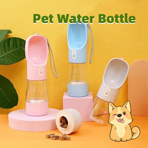 Portable pet water bottle feeder bowl for dogs and cats with built-in drinking tray and food storage compartment.