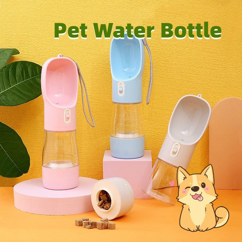 Portable pet water bottle feeder bowl for dogs and cats with built-in drinking tray and food storage compartment.