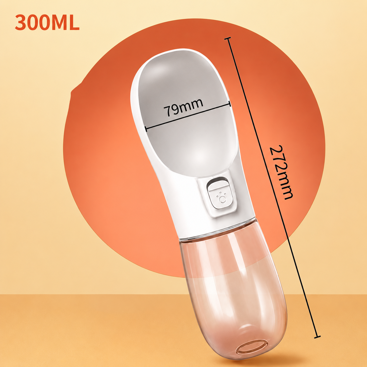 White pet water bottle displaying product dimensions and ergonomic shape.