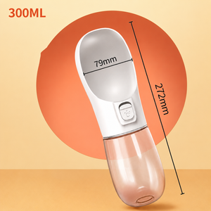 White pet water bottle displaying product dimensions and ergonomic shape.