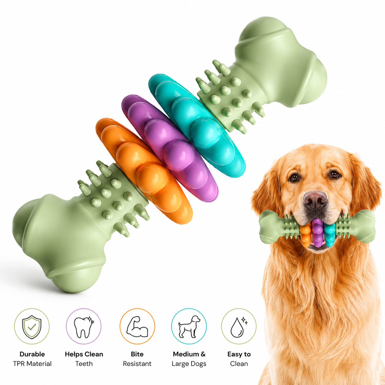 Interactive dog chew toy with colorful rotating rings for teeth cleaning and aggressive chewers.