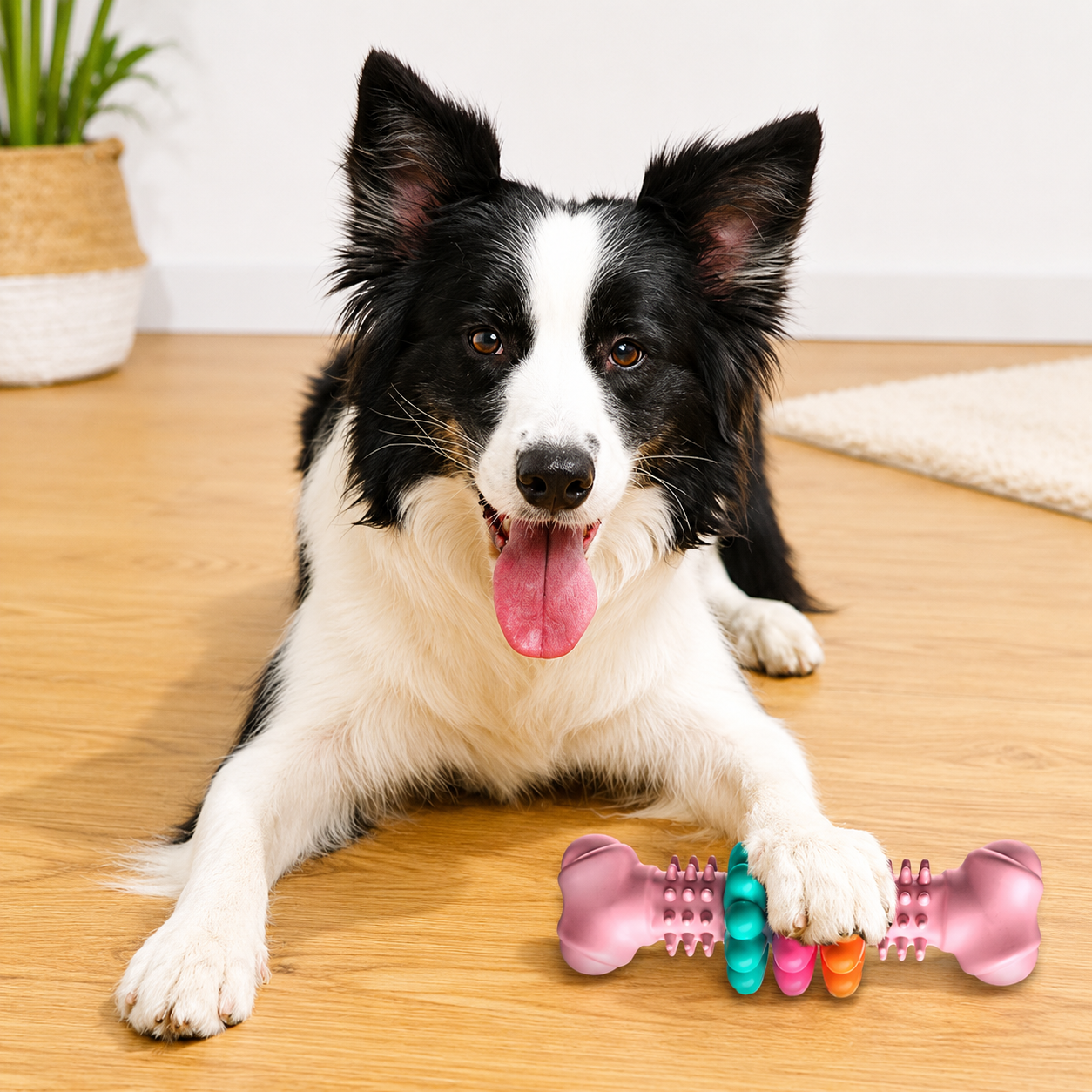 A black and white Border Collie lies on a light wood floor, holding a pink bone-shaped dog toy with colorful squeakers attached.