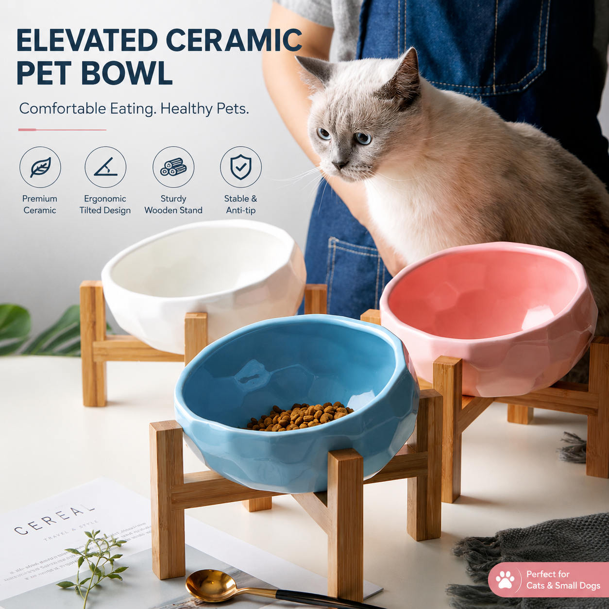 Elevated ceramic pet bowl with bamboo stand for cats and dogs in blue pink and white colors
