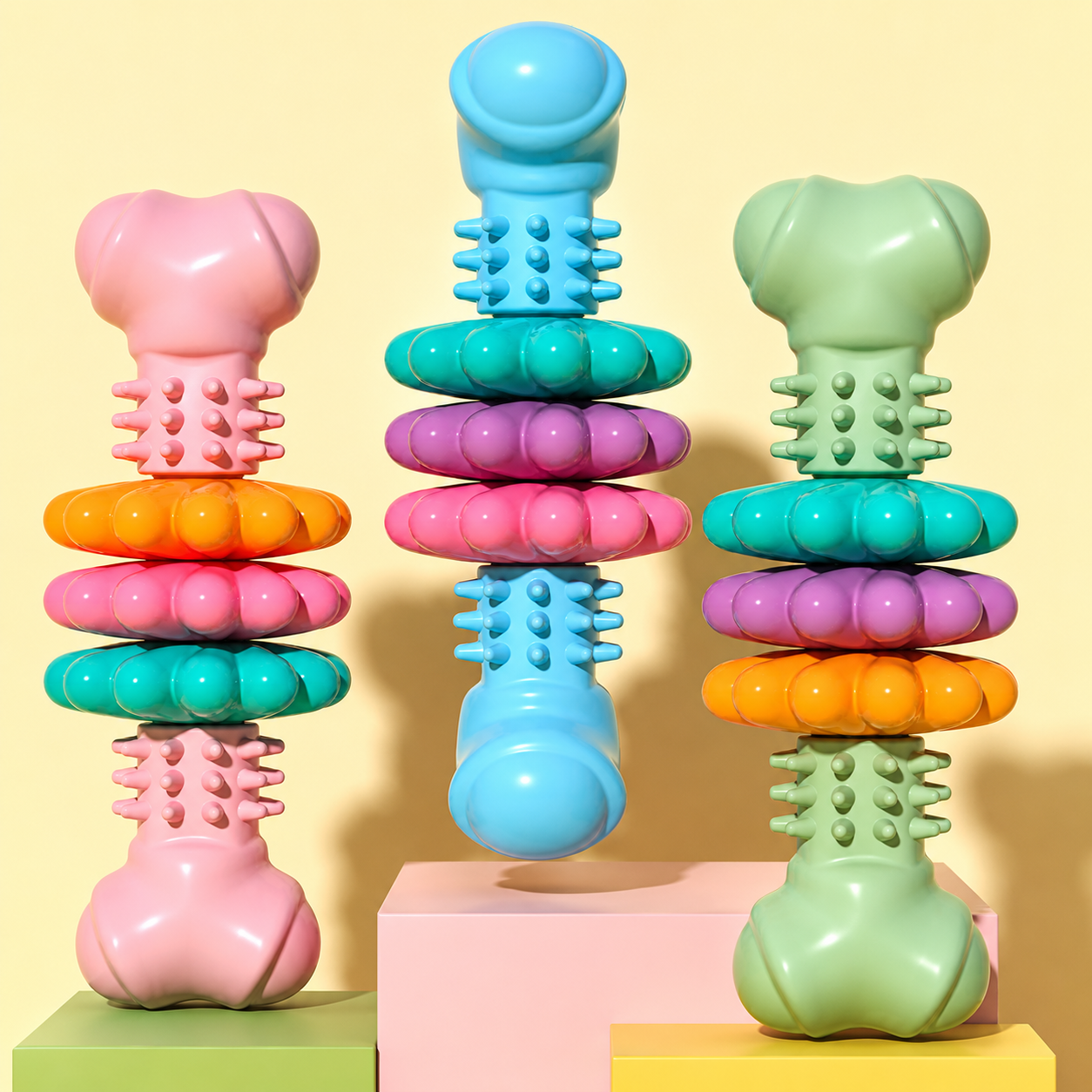 Green dog chew toy with textured grip and rotating rings for interactive play.