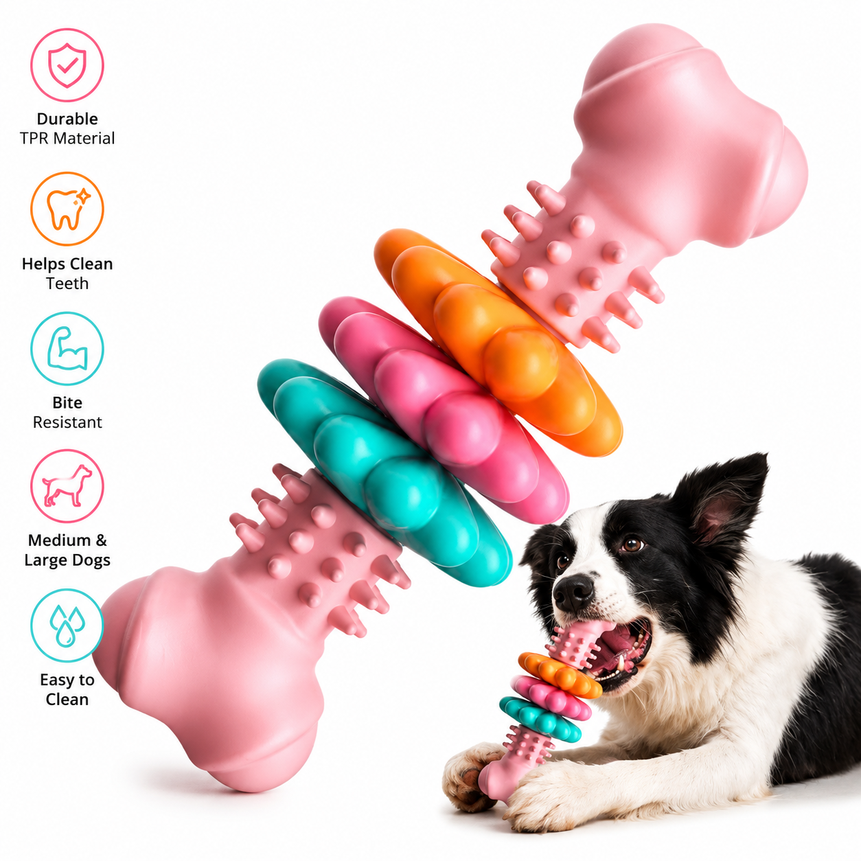 Golden Retriever holding a green interactive dog chew toy designed for teeth cleaning.
