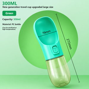 Green portable pet water bottle with measurement guide and 550ml water capacity.