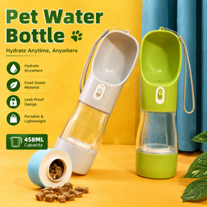 Green and white portable pet water bottle with integrated drinking bowl for outdoor travel and walking.