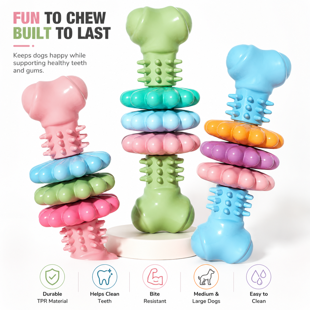 Three colorful interactive dog chew toys displayed in pastel colors for dogs of all sizes.