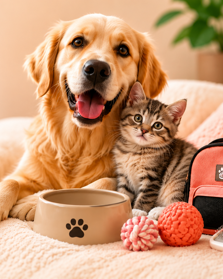 Dog and cat sitting together on a bed with pet accessories