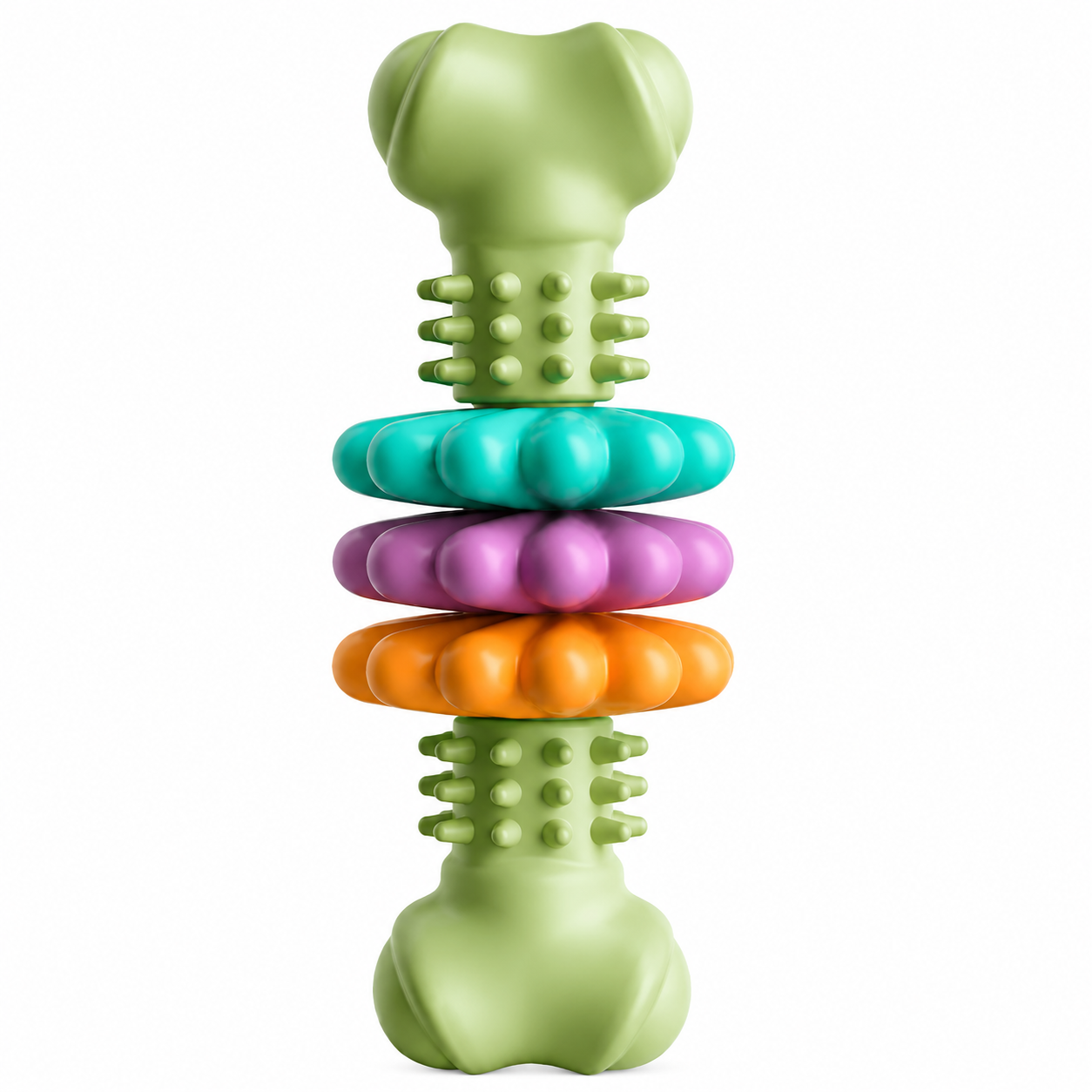 Pink interactive dog chew toy with textured surface and rotating rings.