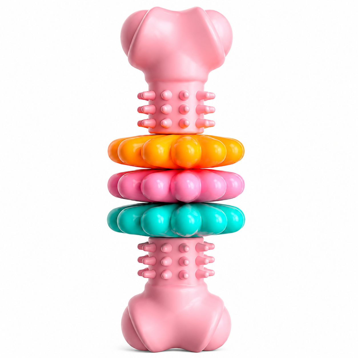 Border Collie chewing a pink interactive dog chew toy for healthy teeth and gums.