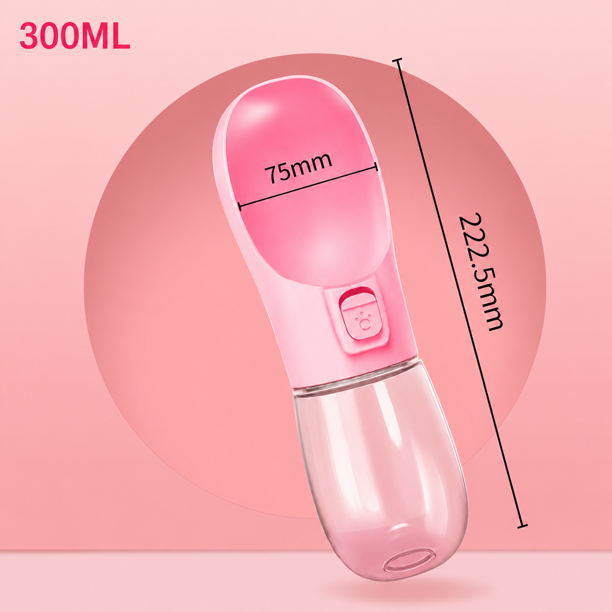 Pink portable pet water bottle showing dimensions and drinking bowl size for dogs and cats.