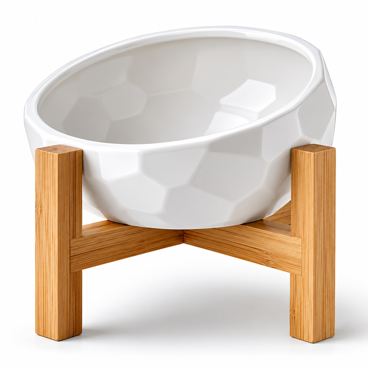 White ceramic elevated pet bowl with bamboo stand for cat and dog food and water